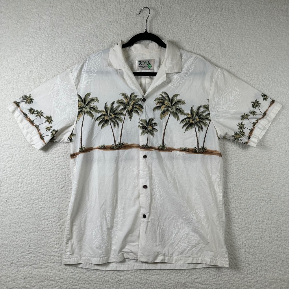 Vintage KY'S Hawaiian Shirt Mens XL Palm Tree Aloha Top White Beach Vacation USA